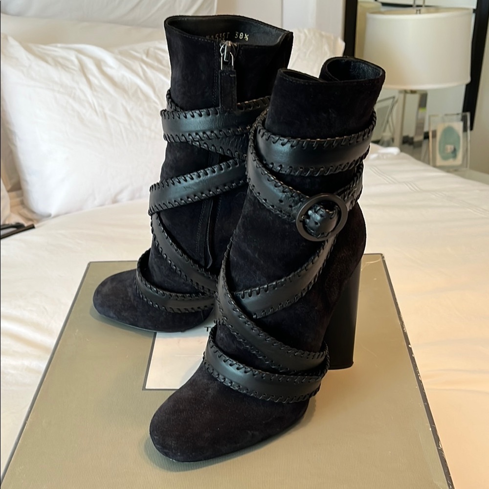 TOM FORD Black Suede Ankle Boots with Leather Straps